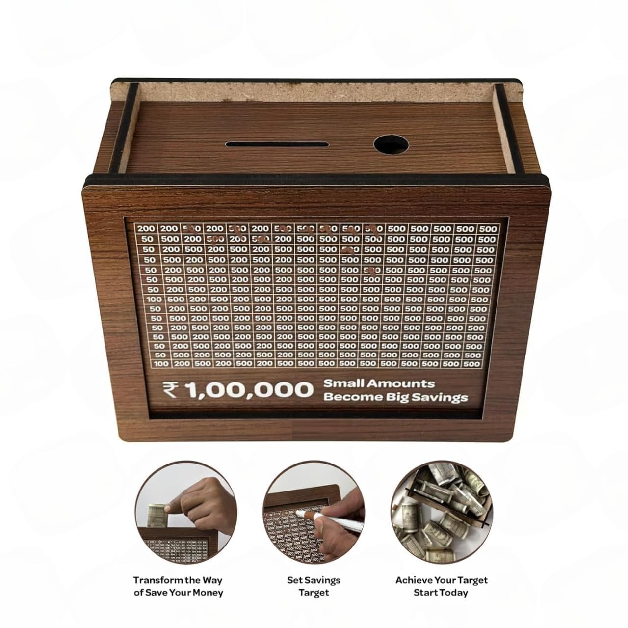 Wooden Piggy Bank For 1 Lakh Money Saving (With Marker)