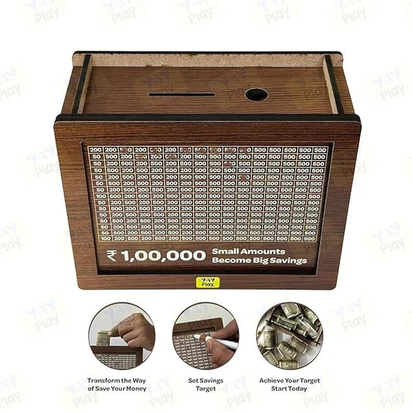 Wooden Money Bank ₹1 Lakh Savings Challenge Box